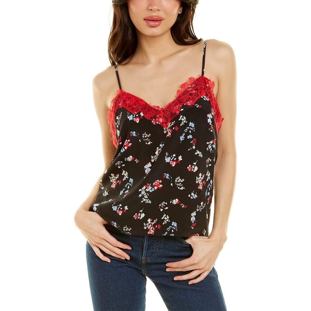 Tanya Taylor Gia Floral V-Neck Lace Trim Silk Top Black Red Size 2